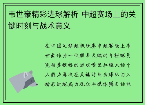 韦世豪精彩进球解析 中超赛场上的关键时刻与战术意义